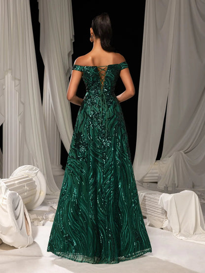 Elegant Off Shoulder Graphic Sequin Formal Prom Dress Evening Dress