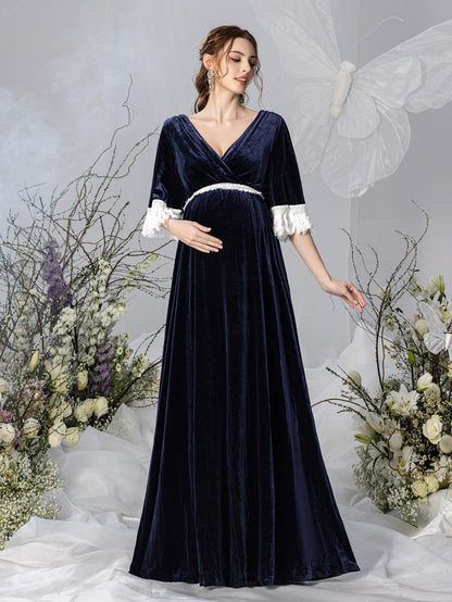 Maternity V-Neck Half Sleeves Velvet Party Dress – view 4