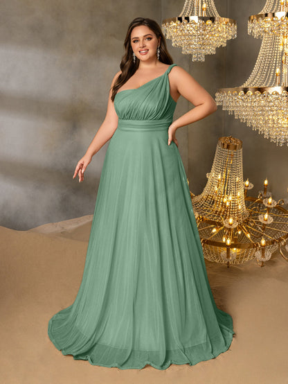 Alternate view of Backless Plus-Size One-Shoulder Chiffon A-Line Evening Gown in Green