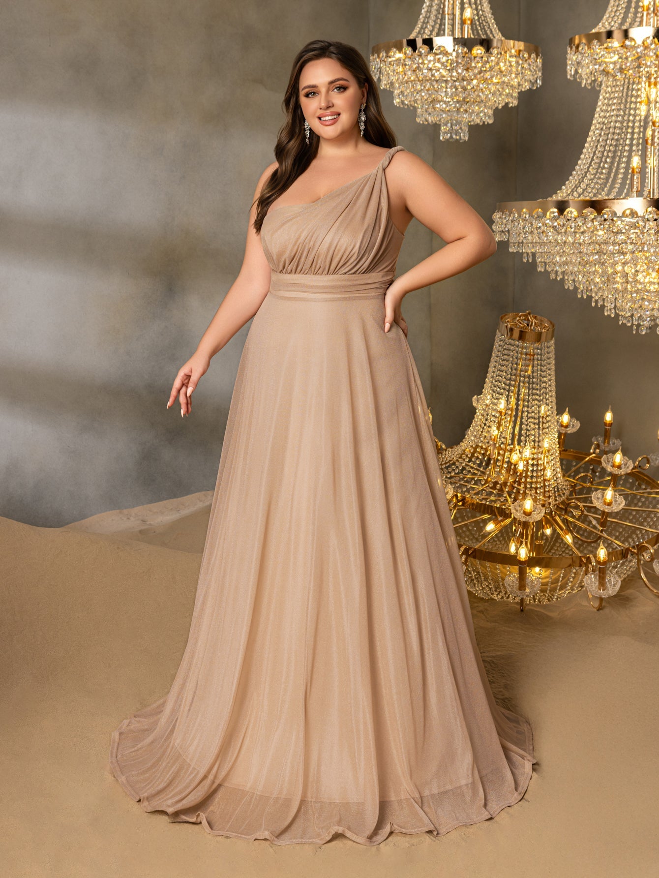 Alternate view of Backless Plus-Size One-Shoulder Chiffon A-Line Evening Gown in Champagne