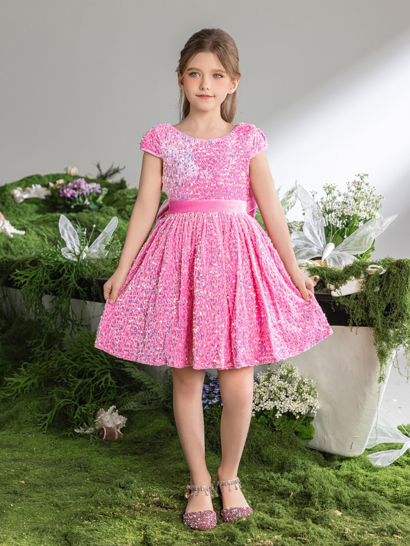 Additional product view of Bow-Back Sequin A-Line Short-Sleeve Midi Tween Girls' Party Dress
