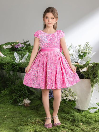 Additional product view of Bow-Back Sequin A-Line Short-Sleeve Midi Tween Girls' Party Dress