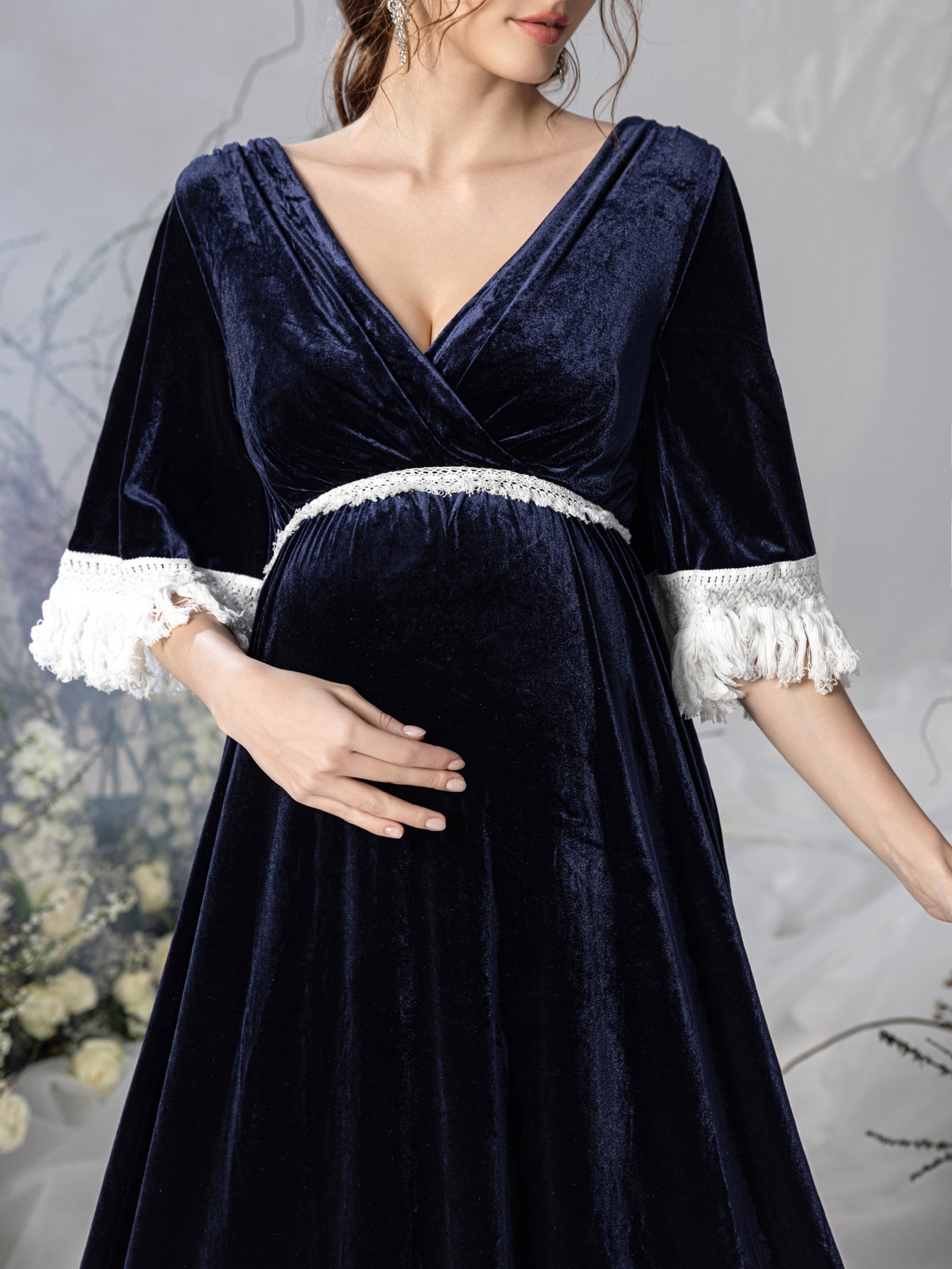 Maternity V-Neck Half Sleeves Velvet Party Dress – view 7