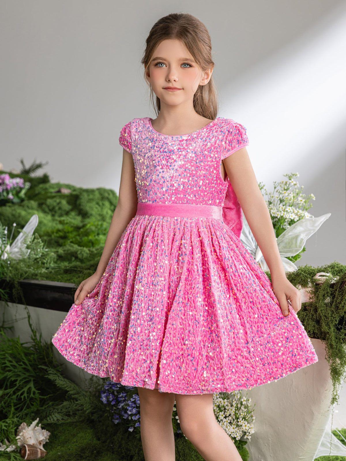 Additional product view of Bow-Back Sequin A-Line Short-Sleeve Midi Tween Girls' Party Dress