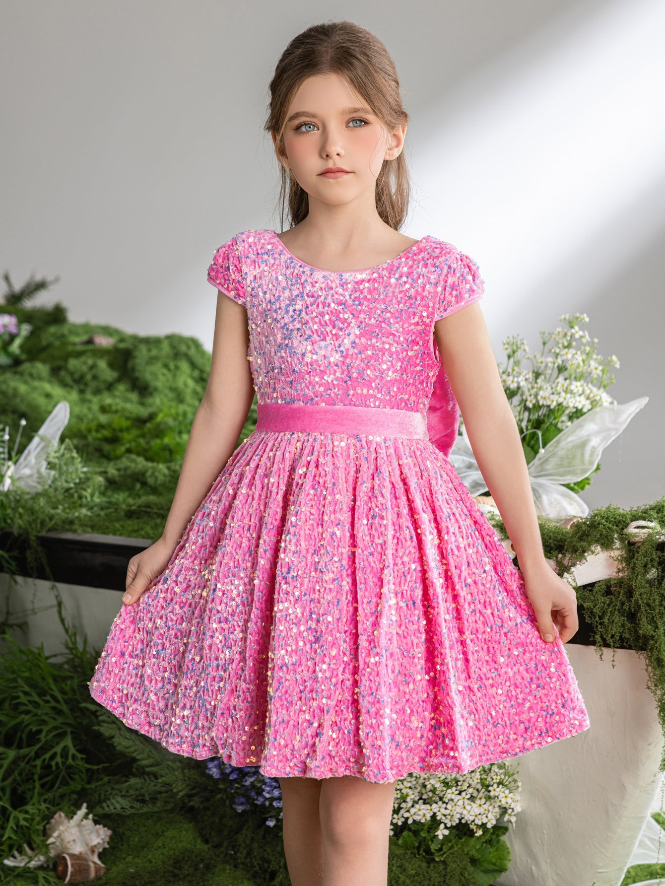 Bow-Back Sequin A-Line Short-Sleeve Midi Tween Girls' Party Dress in Pink