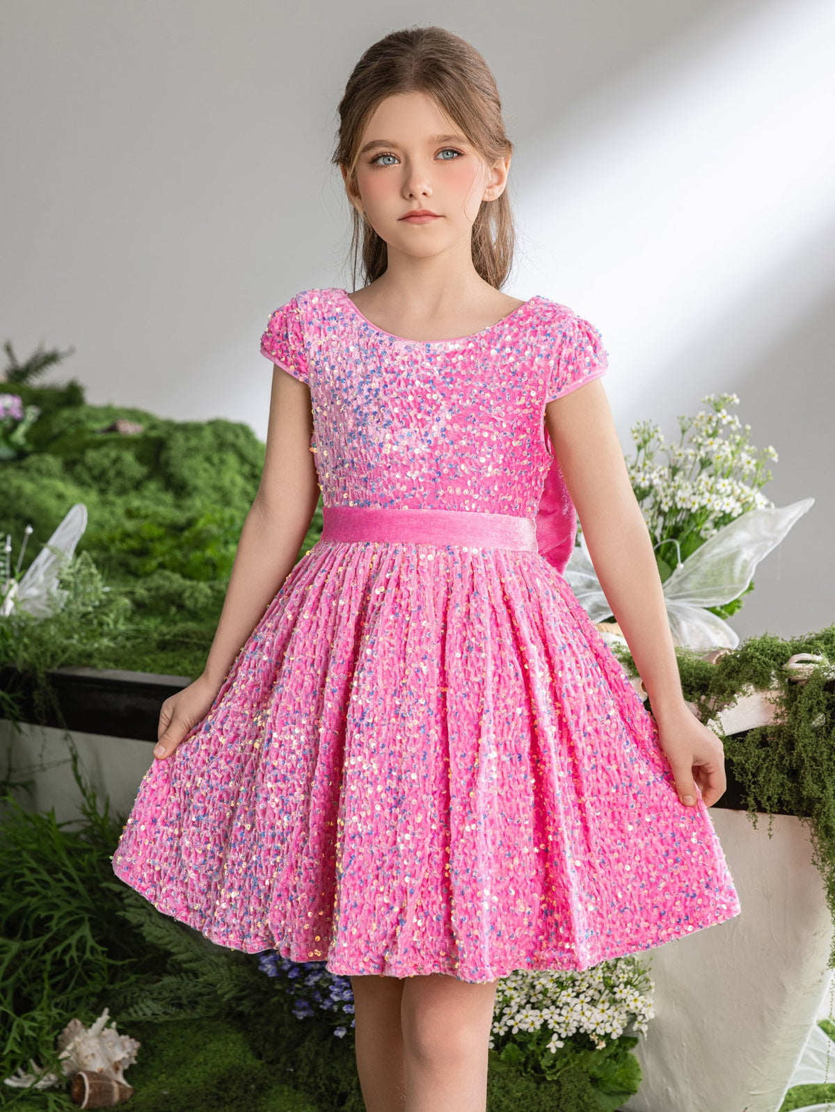Bow-Back Sequin A-Line Short-Sleeve Midi Tween Girls' Party Dress in Pink