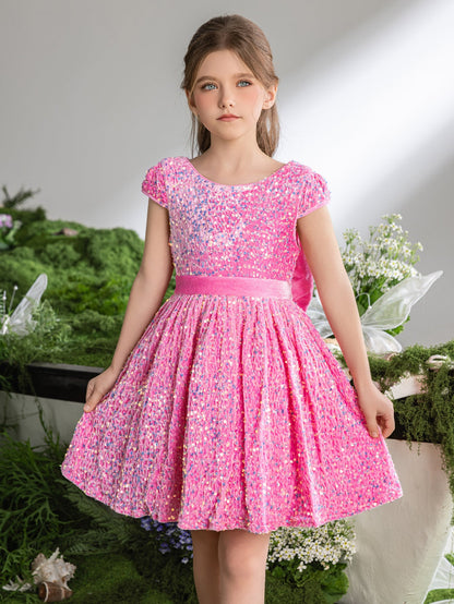 Bow-Back Sequin A-Line Short-Sleeve Midi Tween Girls' Party Dress in Pink