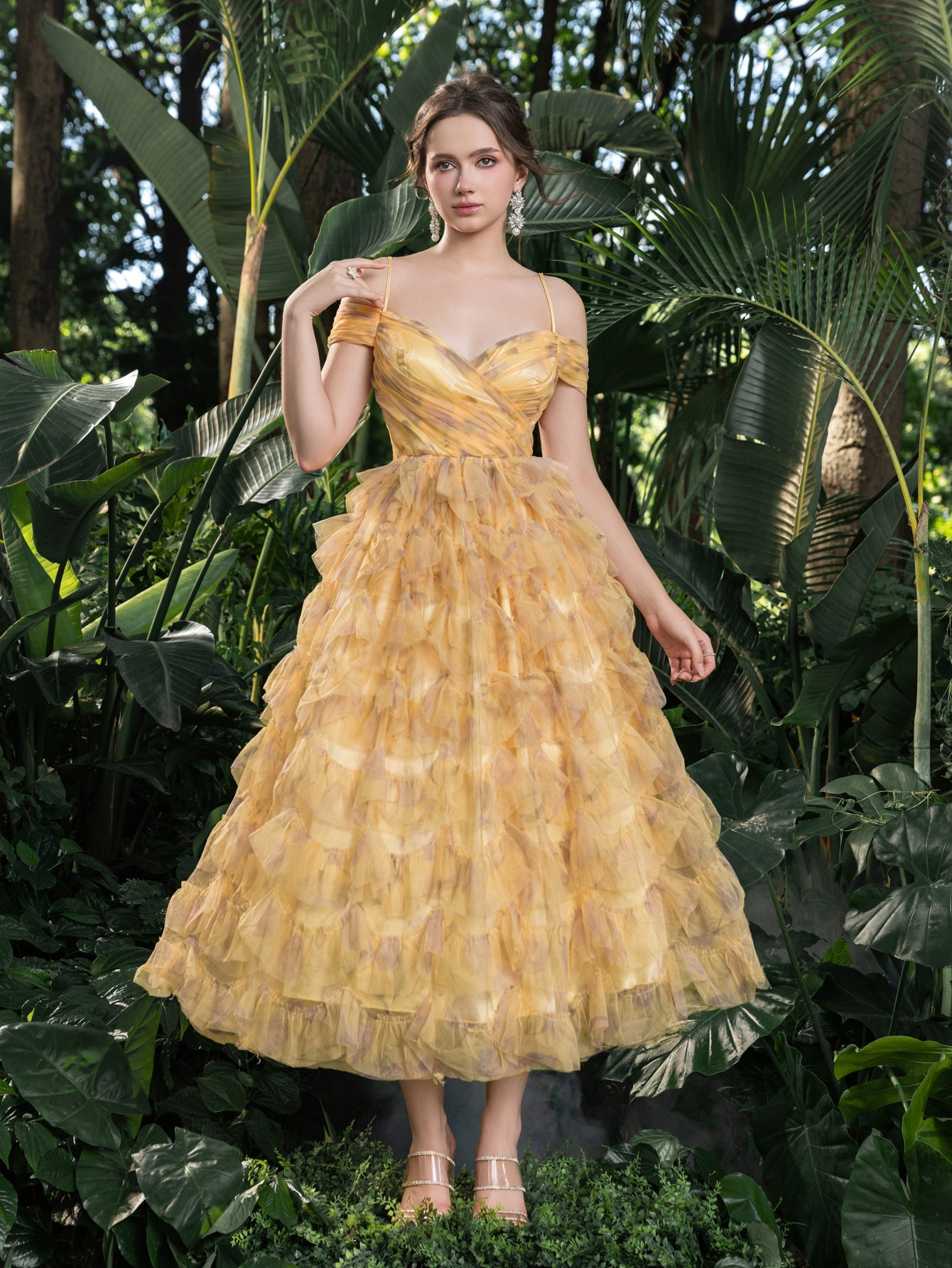 Additional product view of Off-Shoulder Tulle A-Line Short-Sleeve Midi Formal Dress