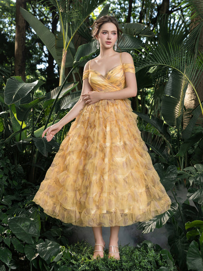 Additional product view of Off-Shoulder Tulle A-Line Short-Sleeve Midi Formal Dress