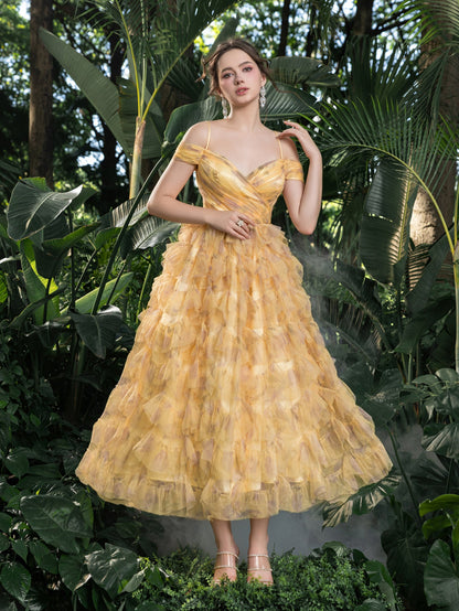 Additional product view of Off-Shoulder Tulle A-Line Short-Sleeve Midi Formal Dress