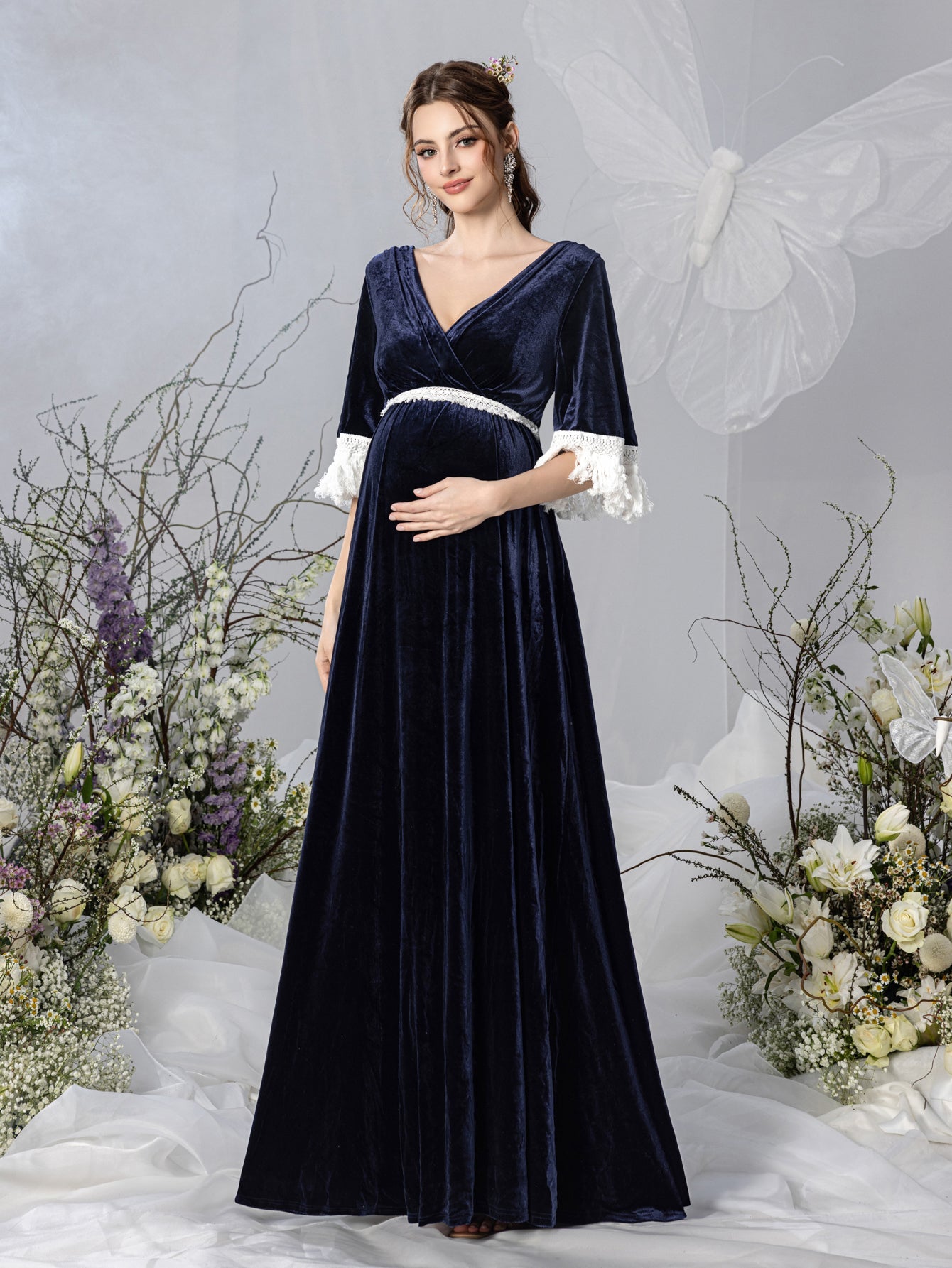 Maternity V-Neck Half Sleeves Velvet Party Dress – view 5