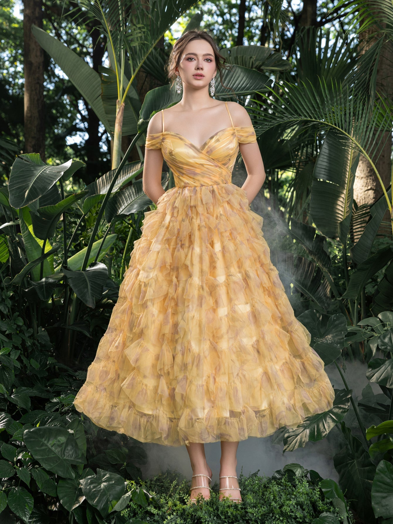 Additional product view of Off-Shoulder Tulle A-Line Short-Sleeve Midi Formal Dress