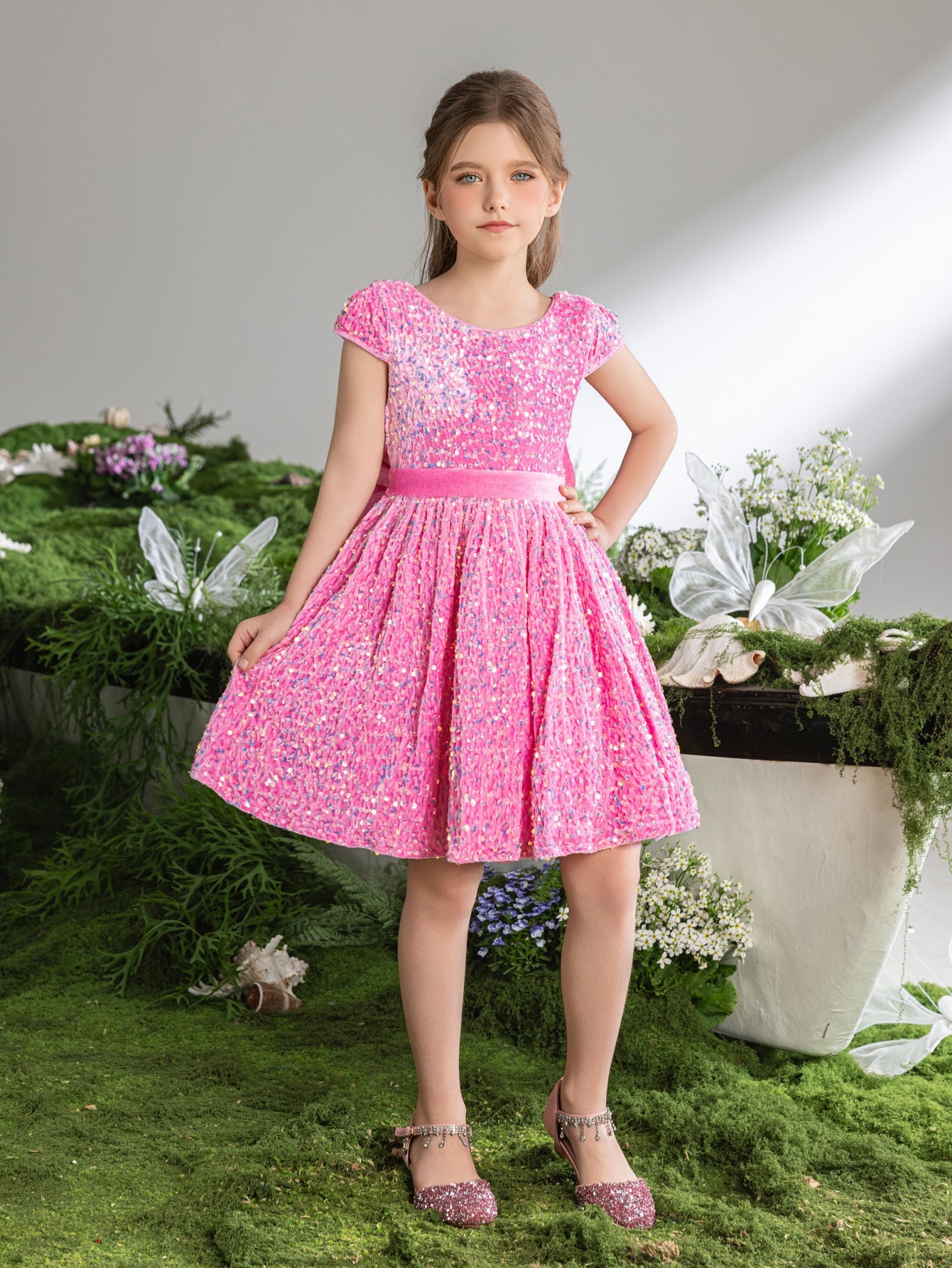 Additional product view of Bow-Back Sequin A-Line Short-Sleeve Midi Tween Girls' Party Dress