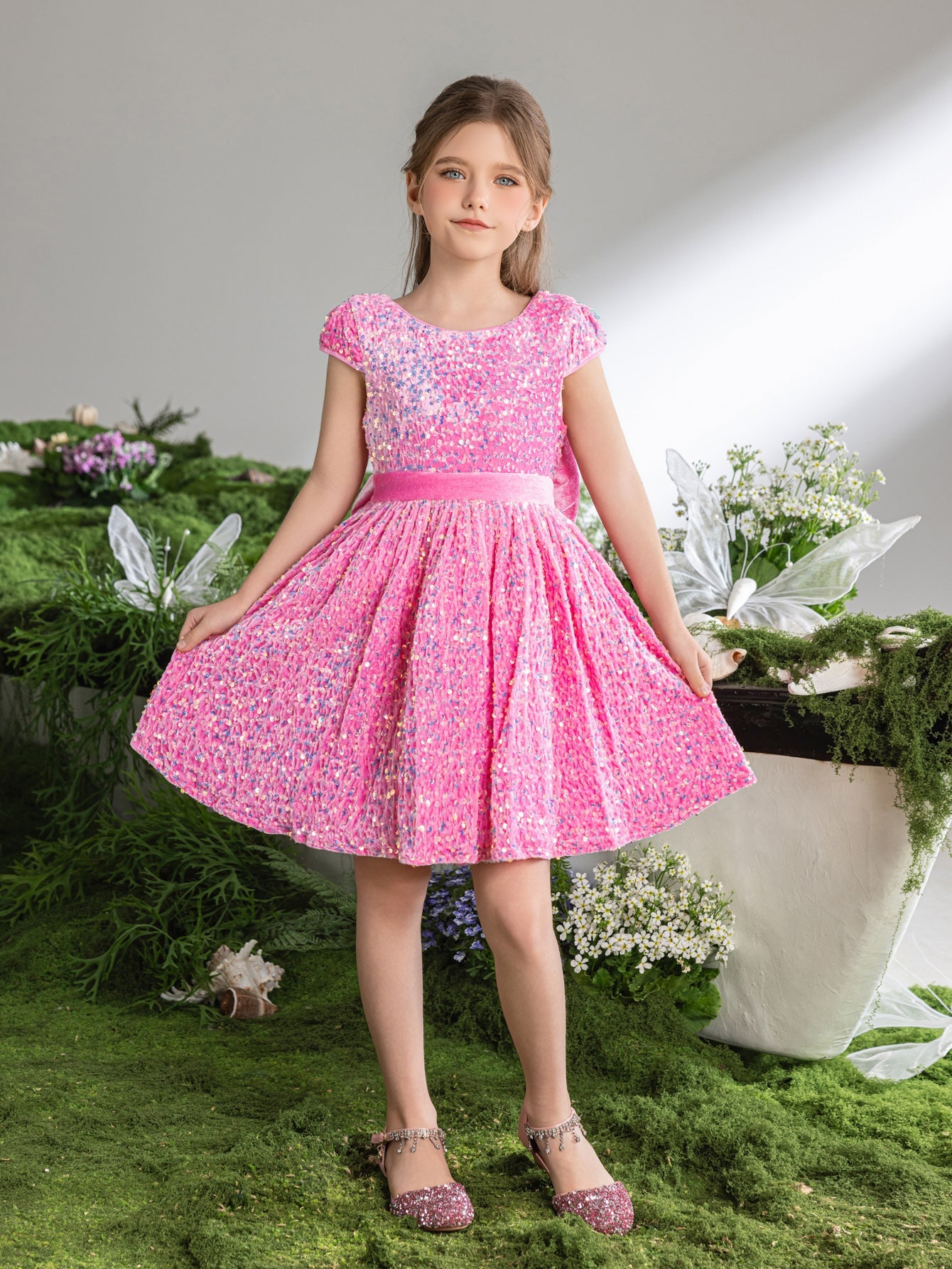 Additional product view of Bow-Back Sequin A-Line Short-Sleeve Midi Tween Girls' Party Dress
