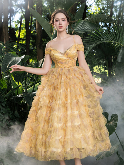 Additional product view of Off-Shoulder Tulle A-Line Short-Sleeve Midi Formal Dress