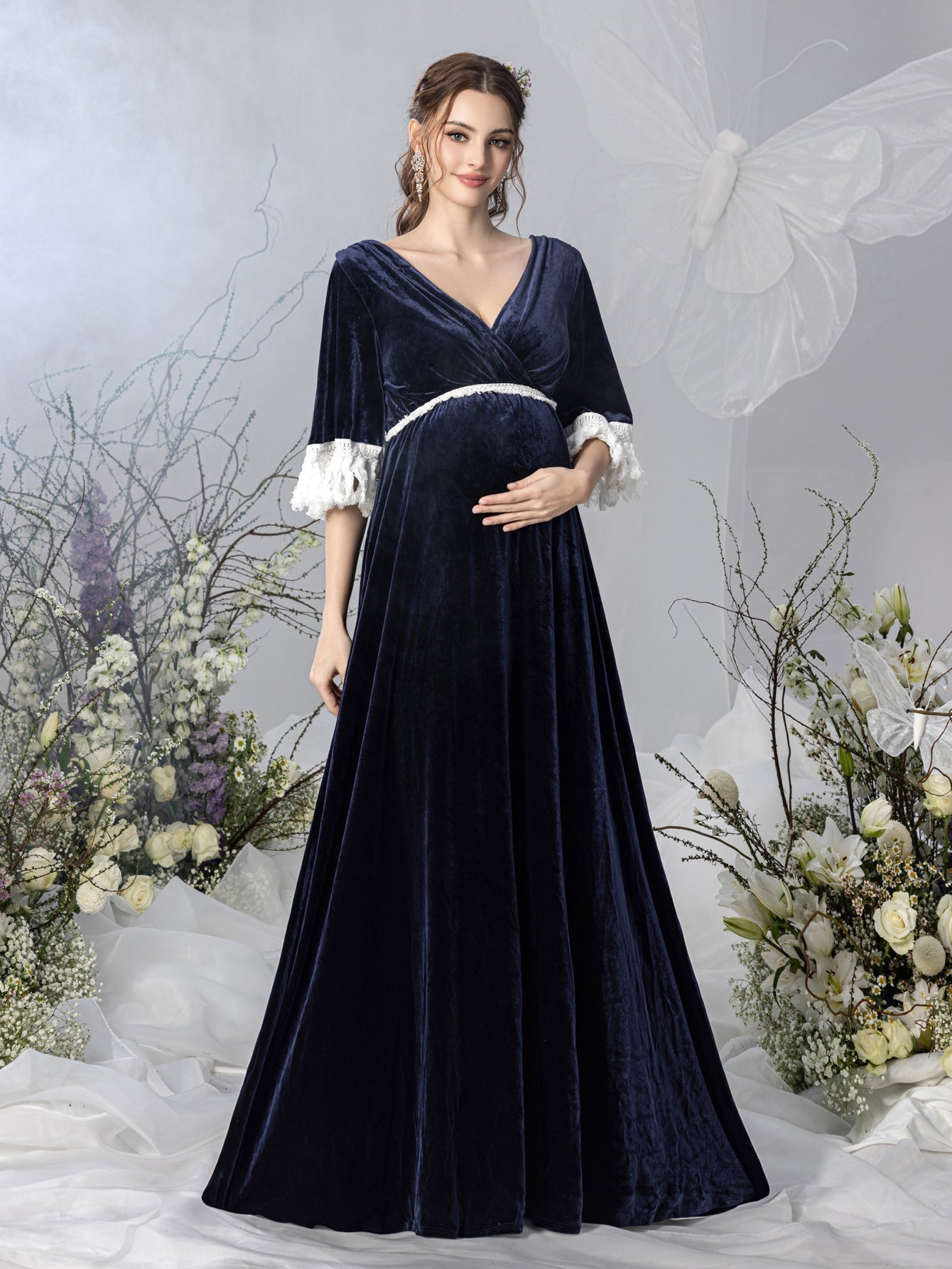 Maternity V-Neck Half Sleeves Velvet Party Dress – view 6