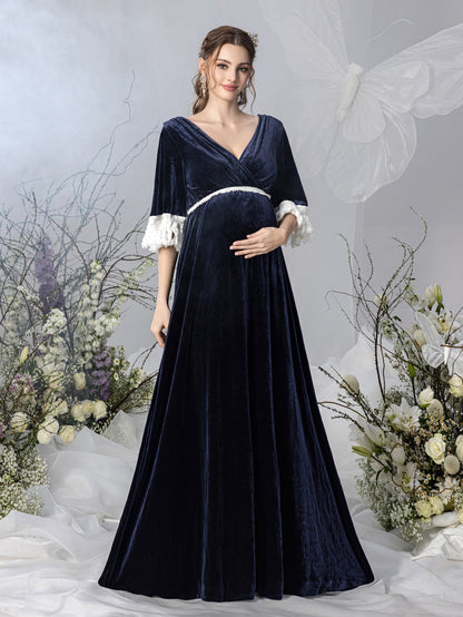 Maternity V-Neck Half Sleeves Velvet Party Dress – view 6