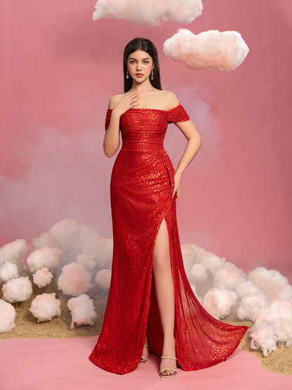 Additional product view of Draped Side Split Hem Off-Shoulder Sequin Sheath Teen Girls' Party Dress