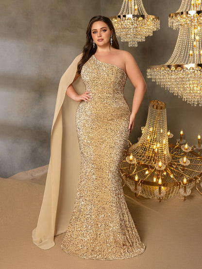 Plus One Shoulder Draped Side Sequin Mermaid Dress
