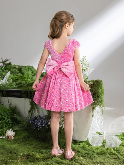 Additional product view of Bow-Back Sequin A-Line Short-Sleeve Midi Tween Girls' Party Dress
