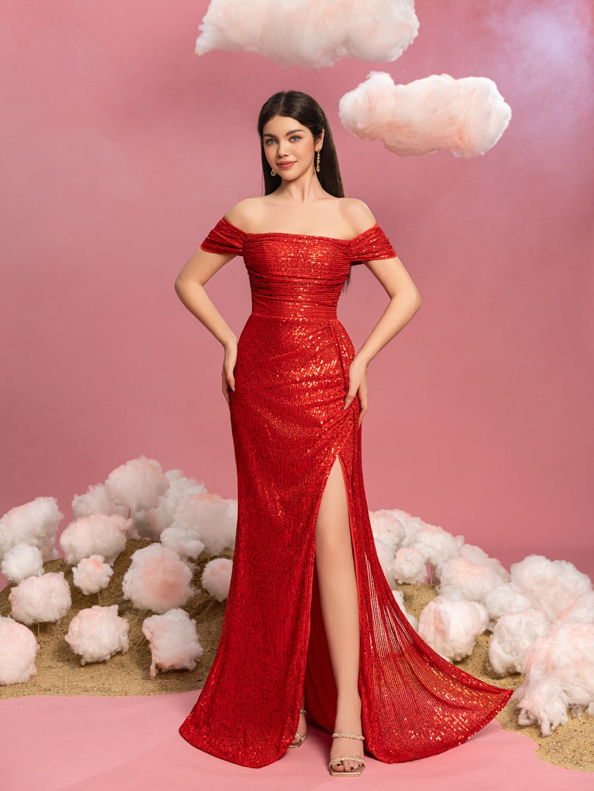 Additional product view of Draped Side Split Hem Off-Shoulder Sequin Sheath Teen Girls' Party Dress