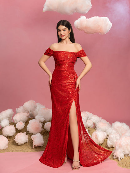 Additional product view of Draped Side Split Hem Off-Shoulder Sequin Sheath Teen Girls' Party Dress