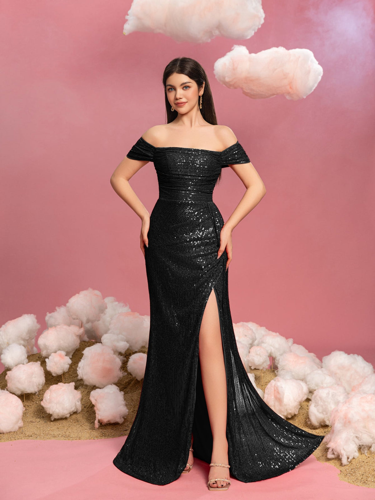 Alternate view of Draped Side Split Hem Off-Shoulder Sequin Sheath Teen Girls' Party Dress in Black