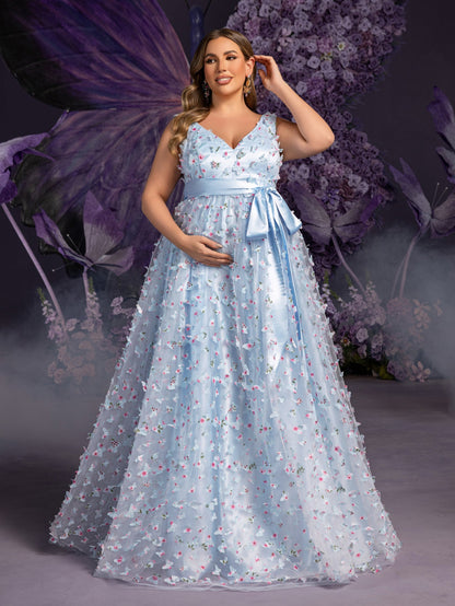 Plus-Size Maternity Plunging Tulle Sleeveless A-Line Evening Gown — authorized product image 3