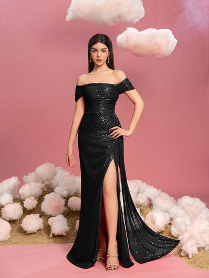 Additional product view of Draped Side Split Hem Off-Shoulder Sequin Sheath Teen Girls' Party Dress