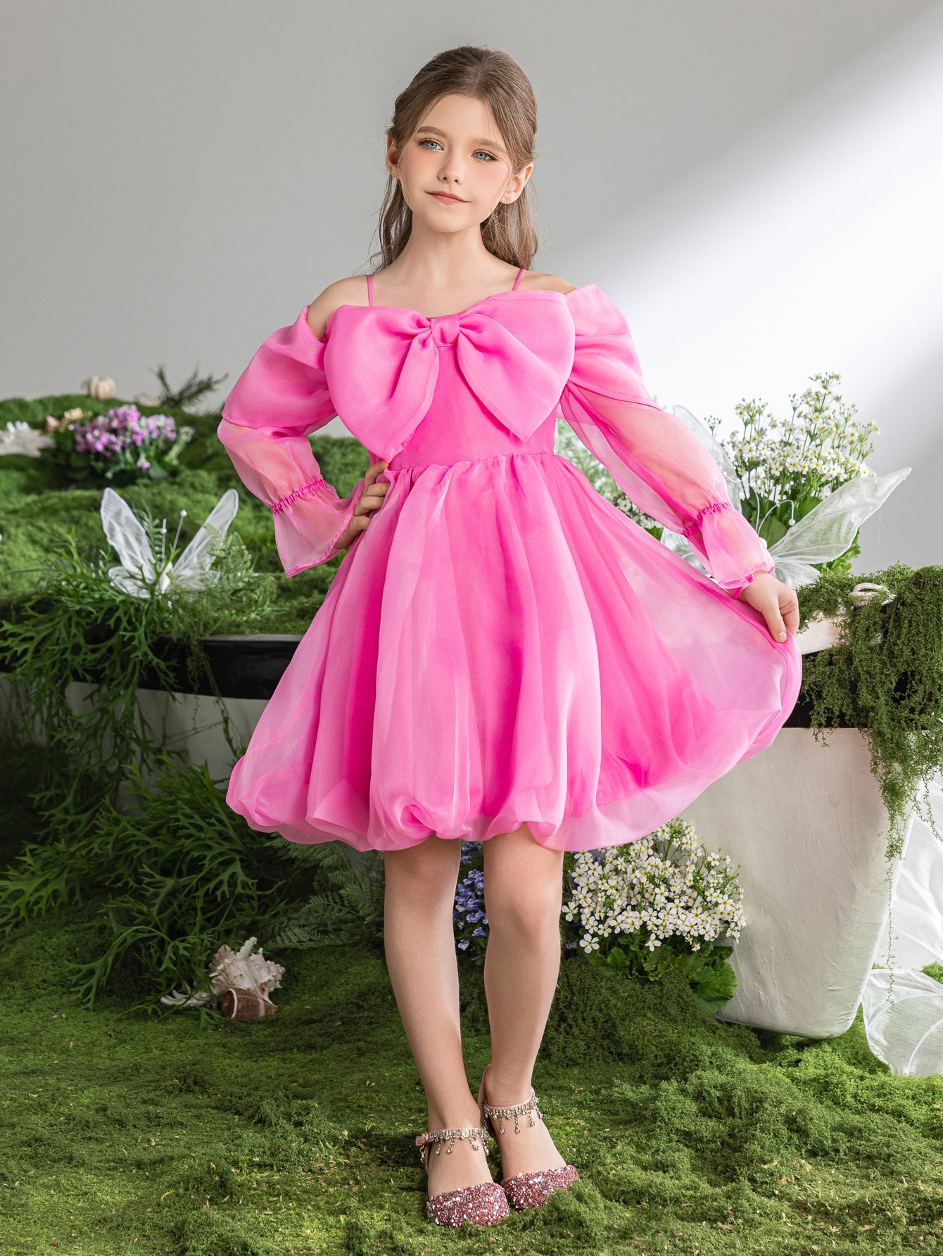 Tween Girls' Off-Shoulder Bow Long-Sleeve A-Line Formal Dress — authorized product image 4