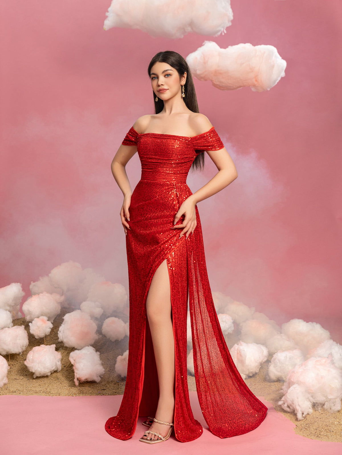 Additional product view of Draped Side Split Hem Off-Shoulder Sequin Sheath Teen Girls' Party Dress