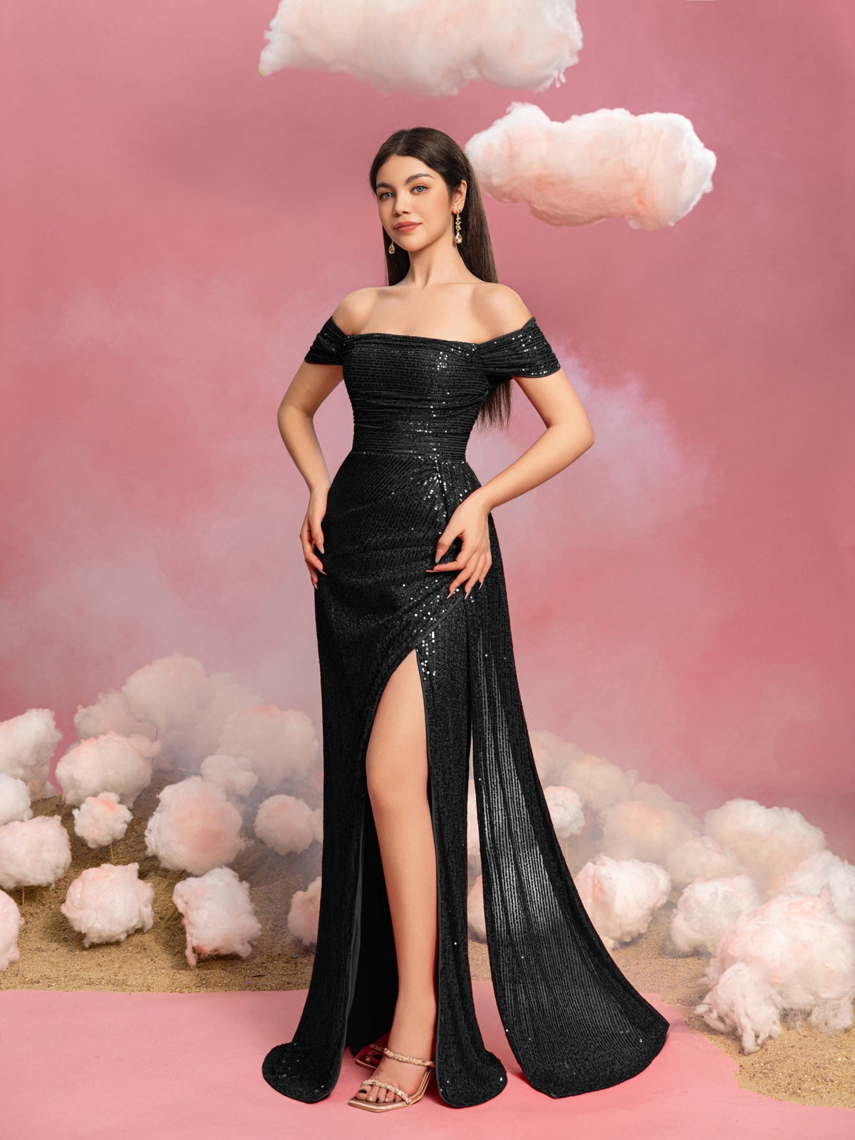 Additional product view of Draped Side Split Hem Off-Shoulder Sequin Sheath Teen Girls' Party Dress