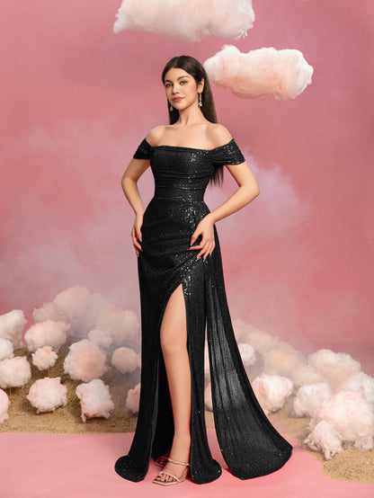 Additional product view of Draped Side Split Hem Off-Shoulder Sequin Sheath Teen Girls' Party Dress