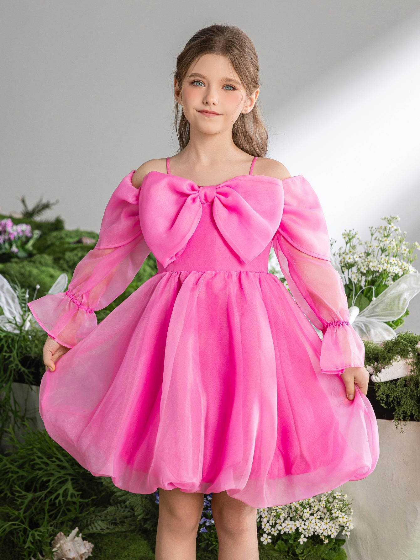Tween Girls' Off-Shoulder Bow Long-Sleeve A-Line Formal Dress — authorized product image 1