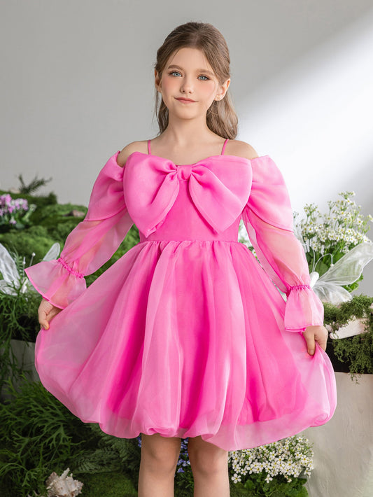 Tween Girls' Off-Shoulder Bow Long-Sleeve A-Line Formal Dress — authorized product image 1