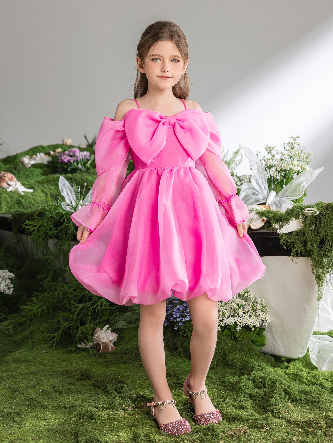 Tween Girls' Off-Shoulder Bow Long-Sleeve A-Line Formal Dress — authorized product image 6