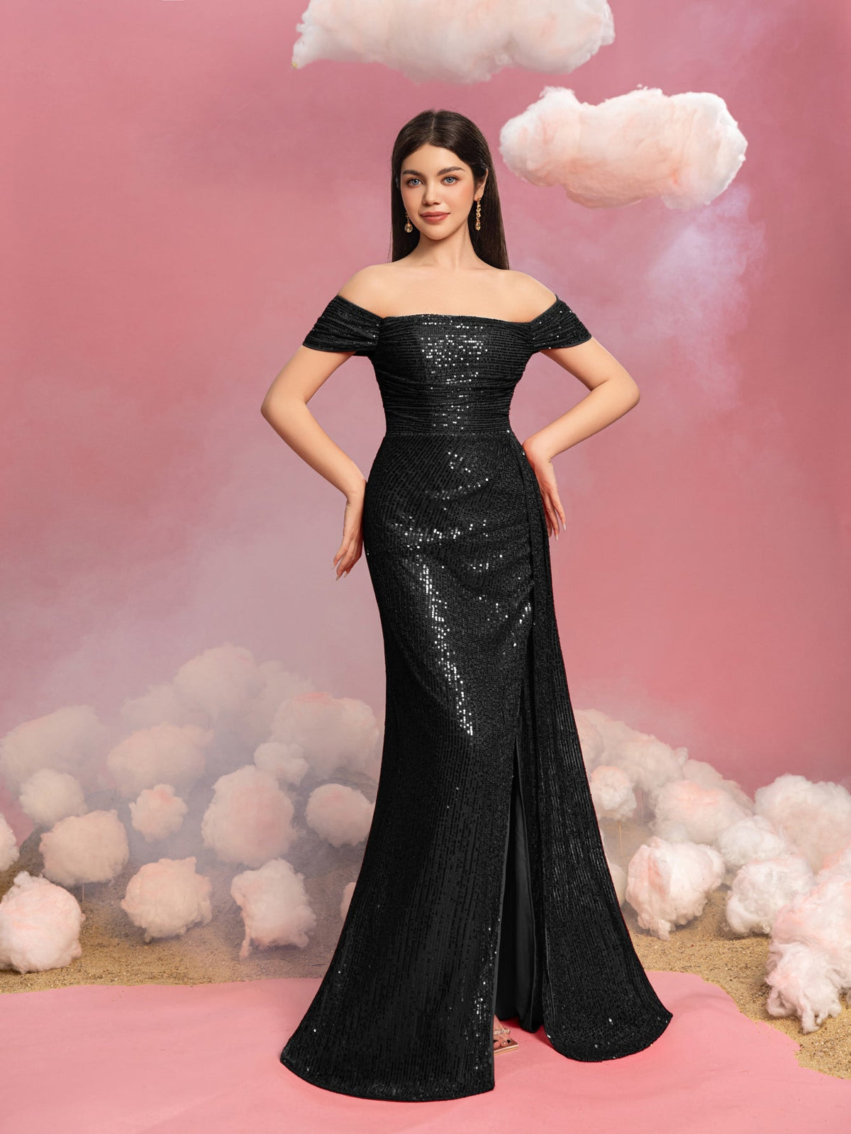 Additional product view of Draped Side Split Hem Off-Shoulder Sequin Sheath Teen Girls' Party Dress