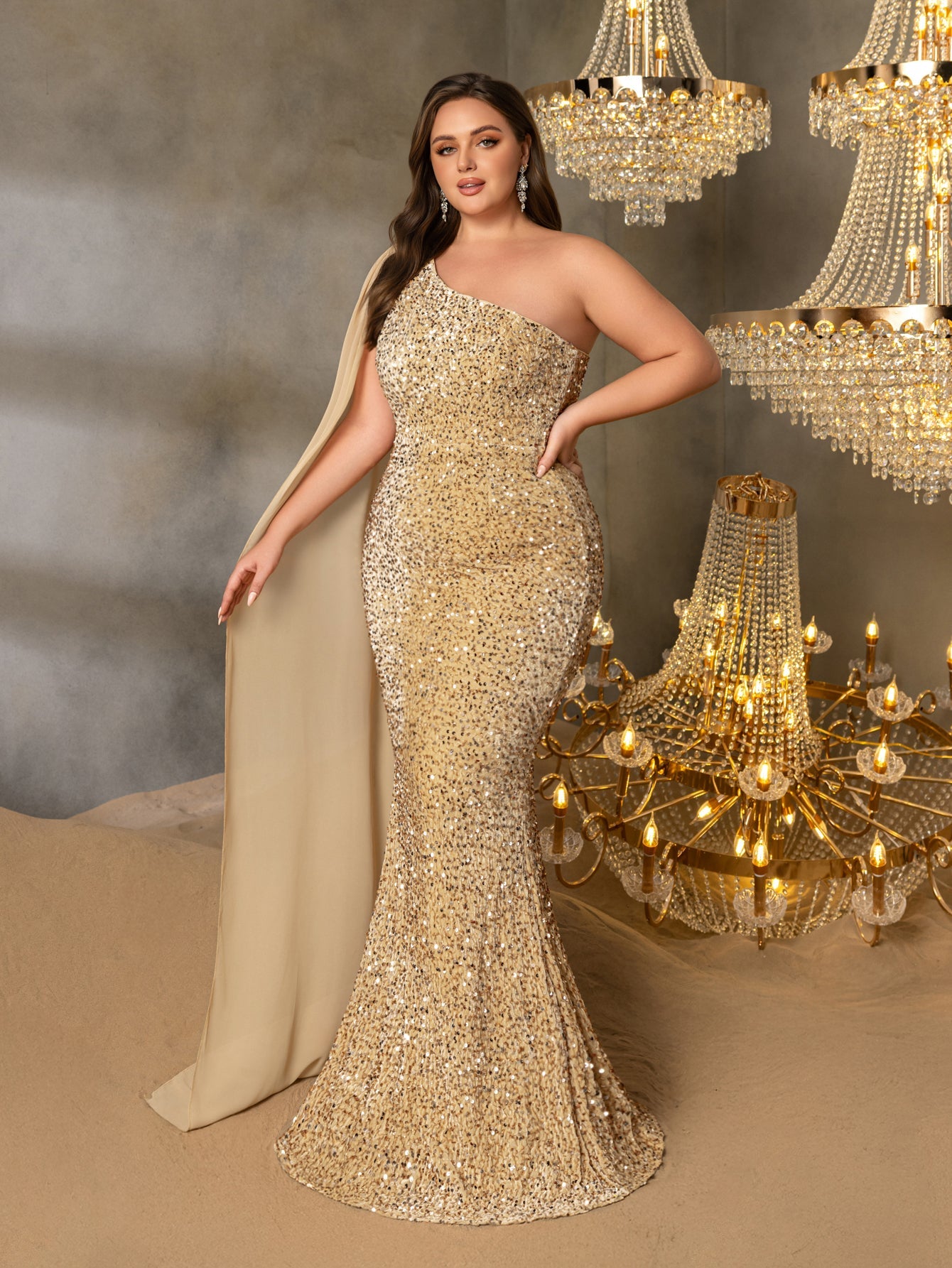 Plus One Shoulder Draped Side Sequin Mermaid Dress