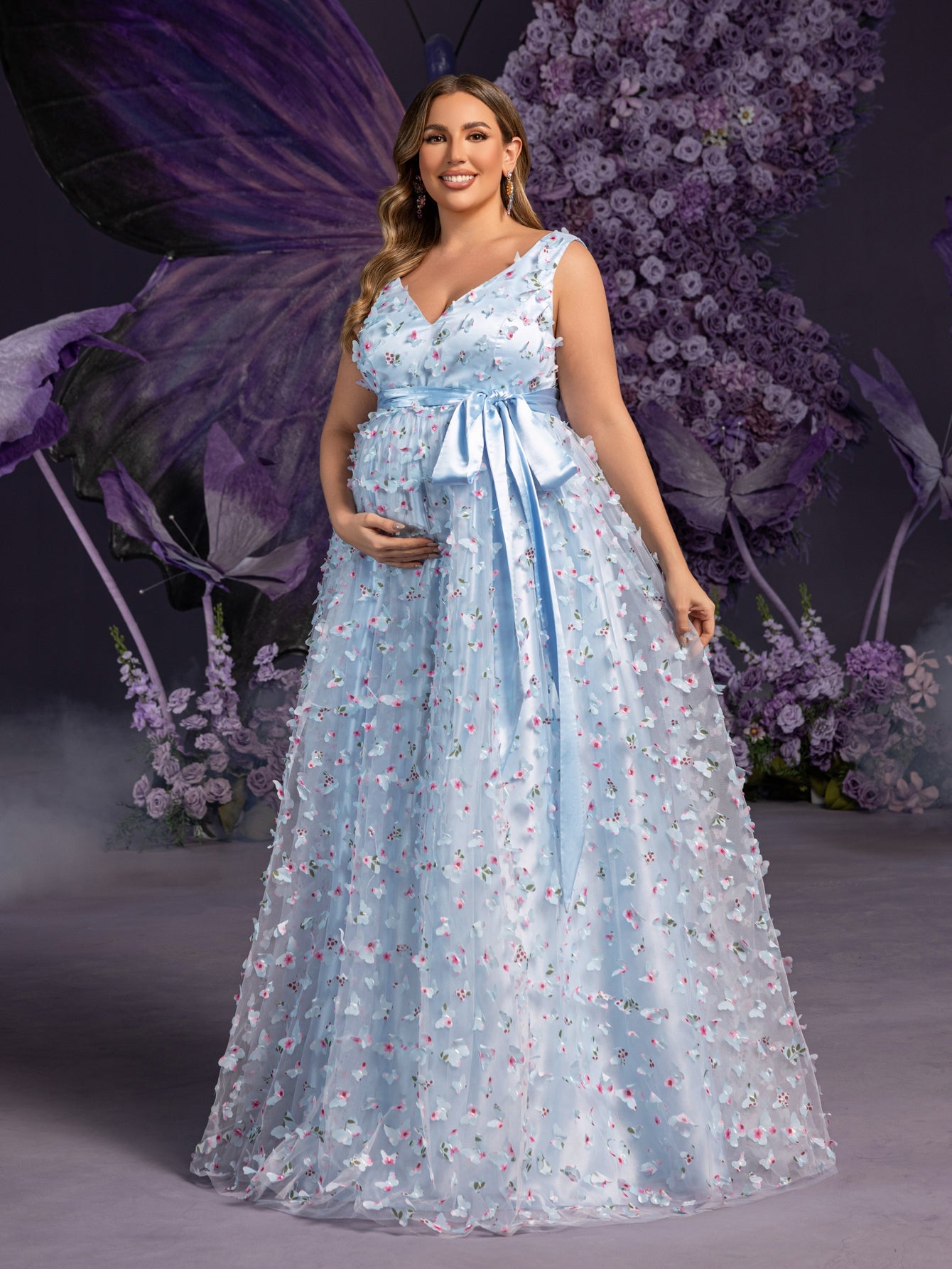 Plus-Size Maternity Plunging Tulle Sleeveless A-Line Evening Gown — authorized product image 5