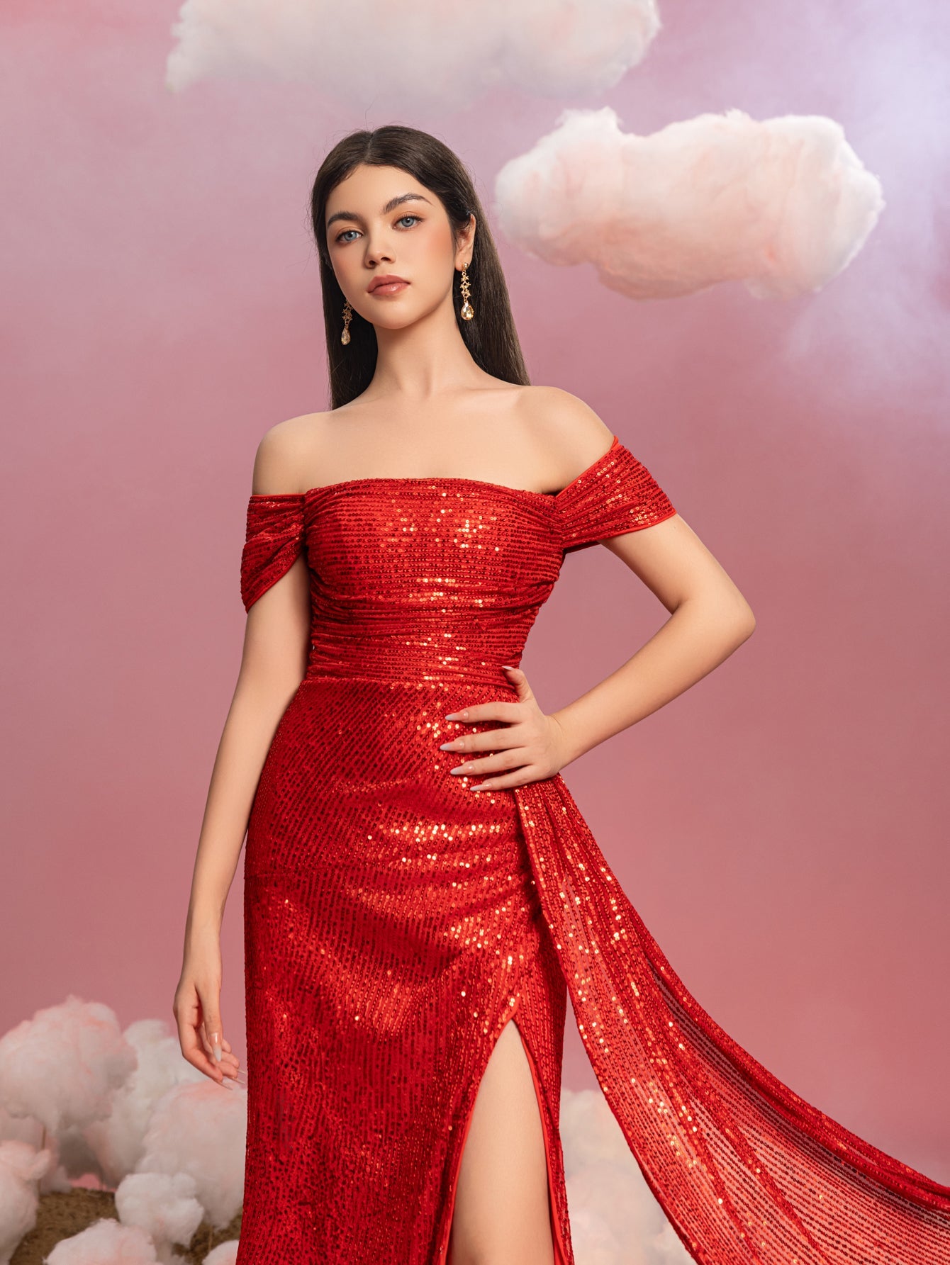 Additional product view of Draped Side Split Hem Off-Shoulder Sequin Sheath Teen Girls' Party Dress