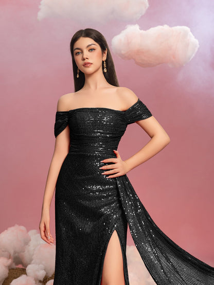 Additional product view of Draped Side Split Hem Off-Shoulder Sequin Sheath Teen Girls' Party Dress