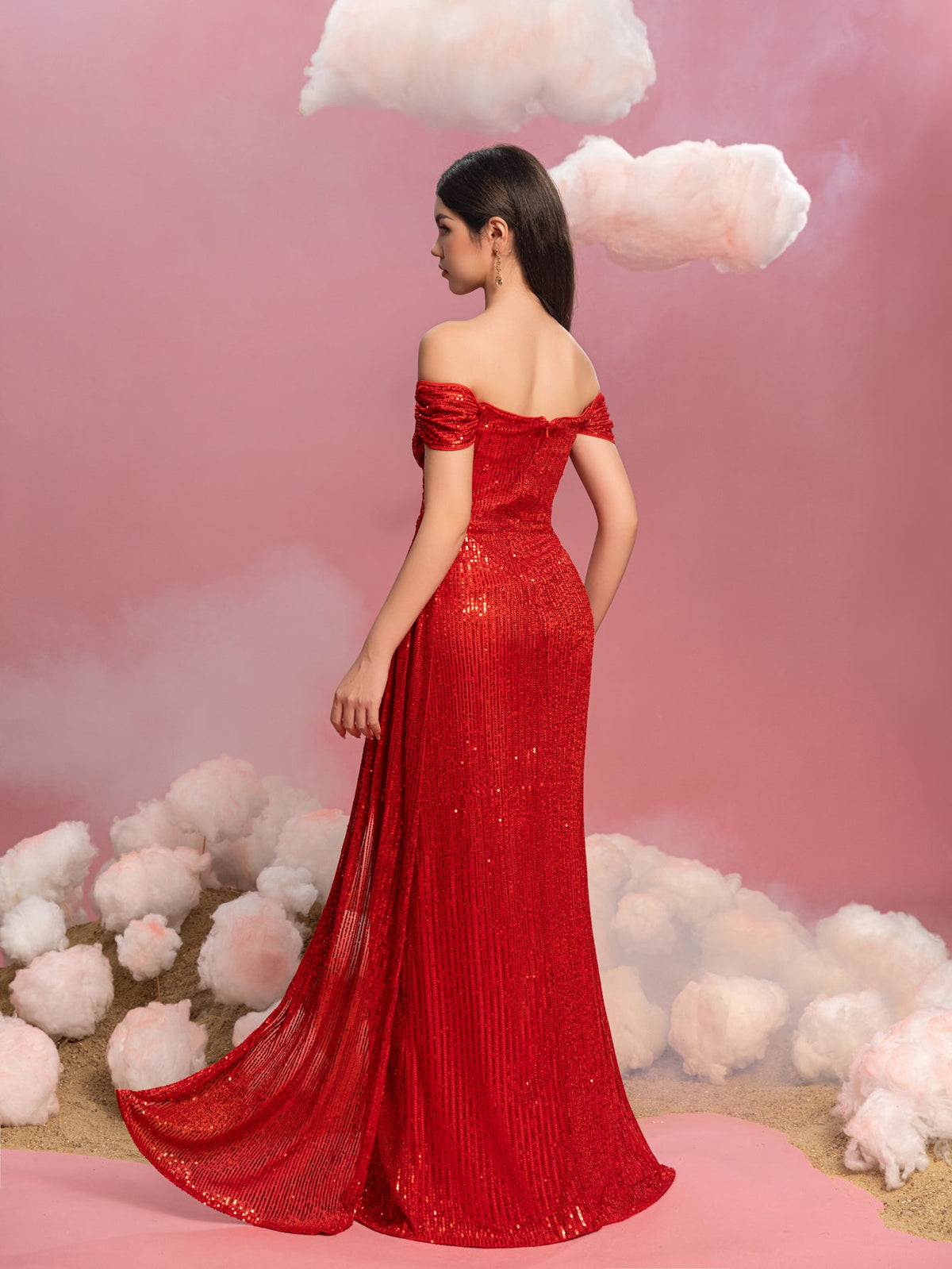 Additional product view of Draped Side Split Hem Off-Shoulder Sequin Sheath Teen Girls' Party Dress