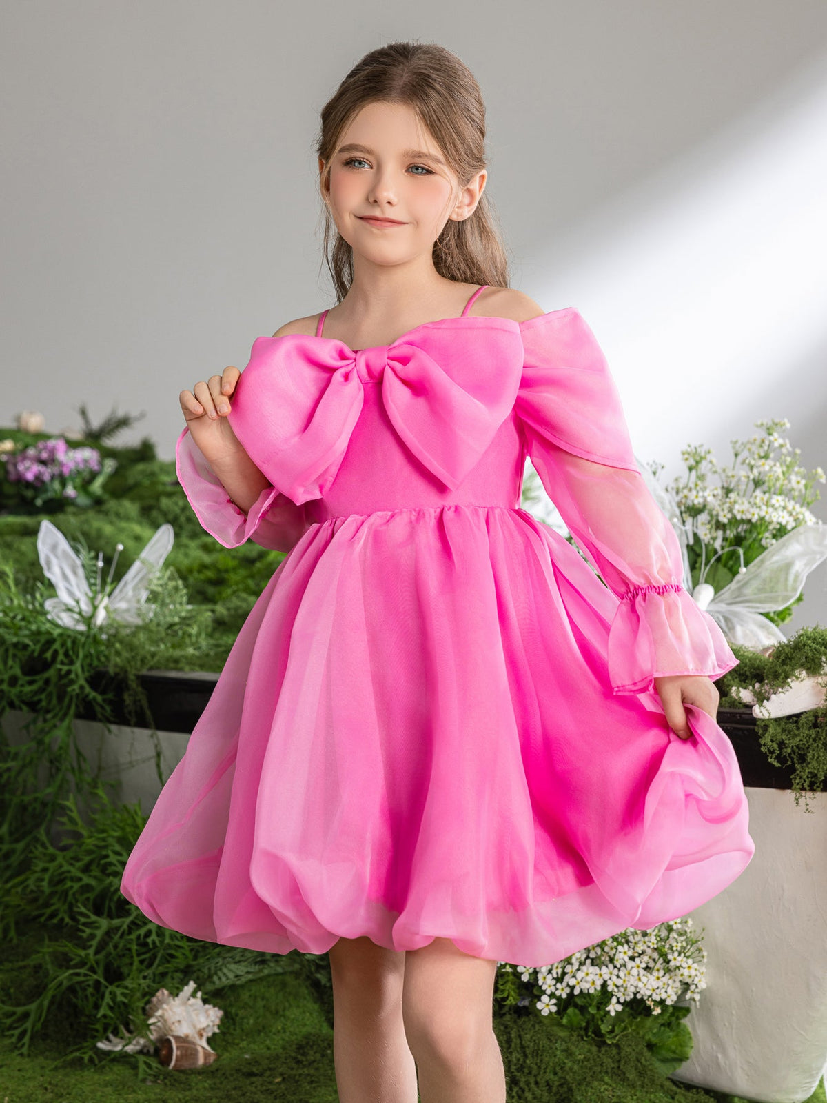Tween Girls' Off-Shoulder Bow Long-Sleeve A-Line Formal Dress — authorized product image 3