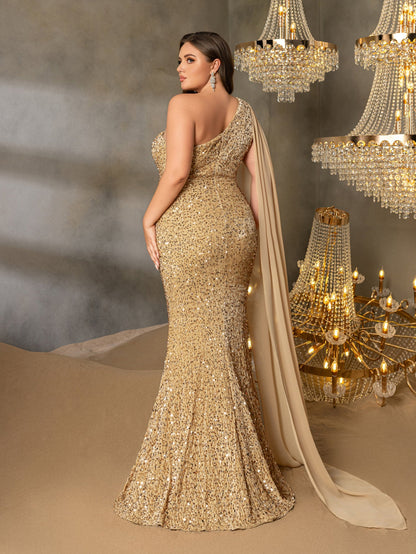 Plus One Shoulder Draped Side Sequin Mermaid Dress