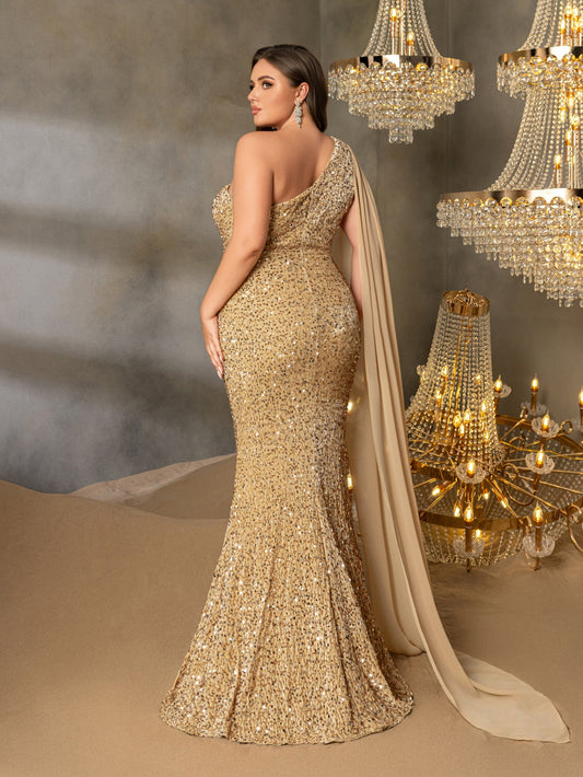 Plus One Shoulder Draped Side Sequin Mermaid Dress