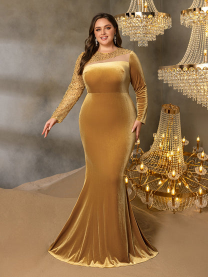 Plus Elegant Asymmetrical Neck Contrast Sequin Mermaid Hem Velvet Evening Dress