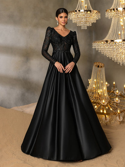 Elegant V Neck Lace Bodice Satin A-line Prom Dress