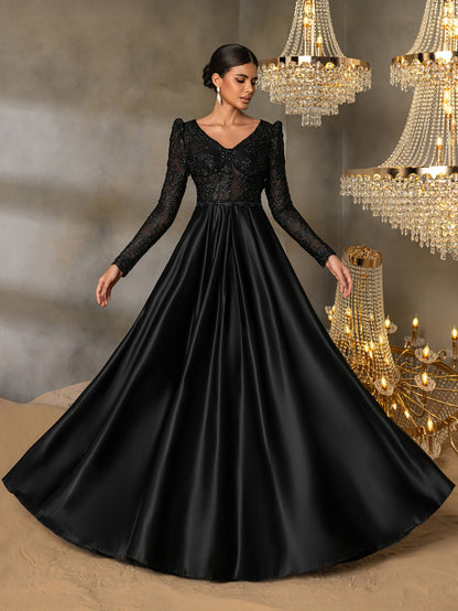 Elegant V Neck Lace Bodice Satin A-line Prom Dress