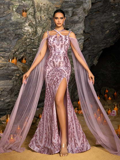 Elegant Crisscross Halter Neck Cloak Sleeves Mermaid Hem Sequin Formal Dress