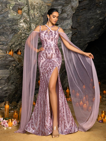 Elegant Crisscross Halter Neck Cloak Sleeves Mermaid Hem Sequin Formal Dress – view 4